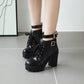 Ladies Pu Leather Lace Up Belts Buckles Block Heel Platform Ankle Boots