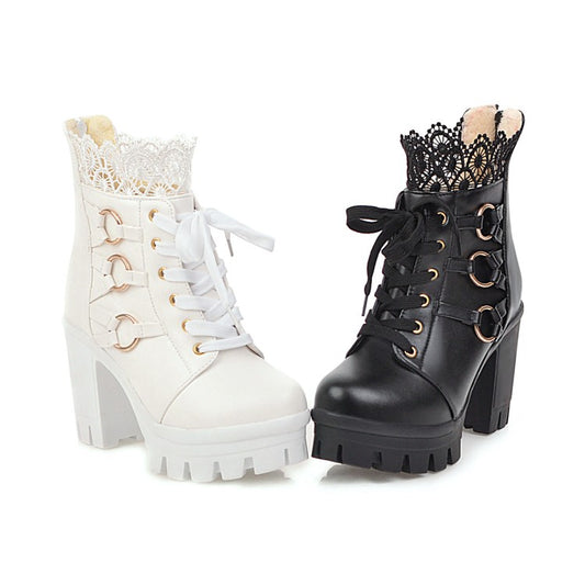 Ladies Lace Up Buckles Lace Chunky Heel Platform Ankle Boots