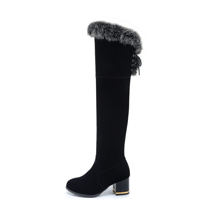 Flock Round Toe Fur Back Tied Straps Block Chunky Heel Over-The-Knee Boots for Women