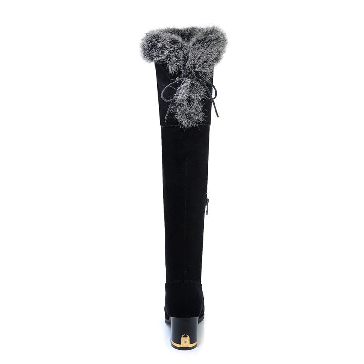 Flock Round Toe Fur Back Tied Straps Block Chunky Heel Over-The-Knee Boots for Women