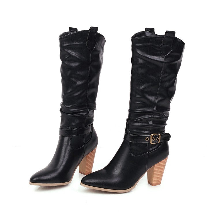 Pointed Toe Block Chunky Heel Buckle Straps Mid-Calf Boots for Women