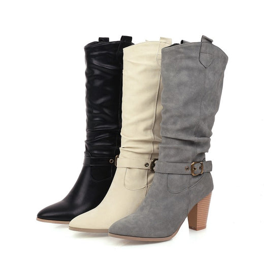 Pointed Toe Block Chunky Heel Buckle Straps Mid-Calf Boots for Women