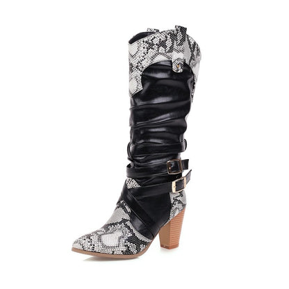Snake-print Patchwork Buckle Straps Block Chunky Heel Pointed Toe Mid-Calf Boots for Women