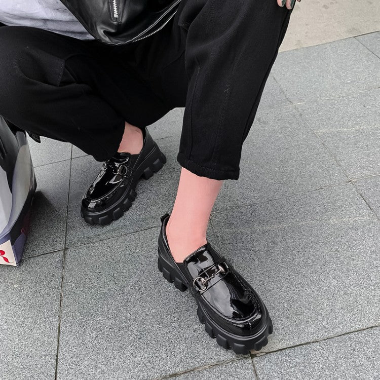 Ladies Solid Color Leather Round Toe Metal Decor Platform Platform High Heels Shoes