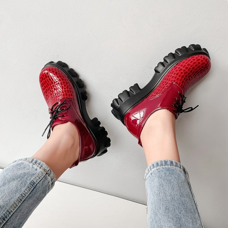 Ladies Solid Color Crocodile Pattern Lace Up Platform High Heels Shoes