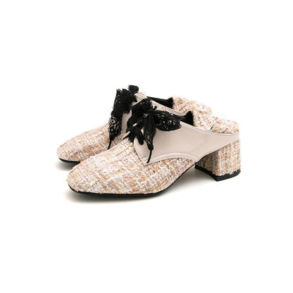 Ladies Woven Square Toe Lace Up Block Heel Shoes