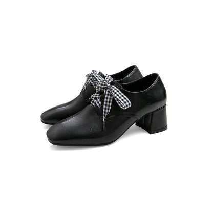 Ladies Pu Leather Square Toe Lace Up Block Heel Shoes