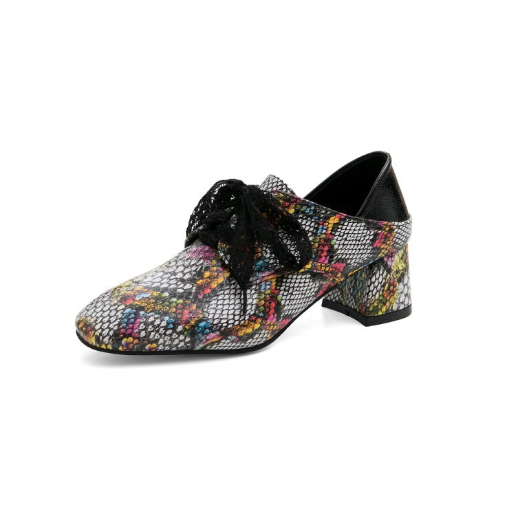 Ladies Colorful Snake Pattern Square Toe Lace Up Block Heel Shoes