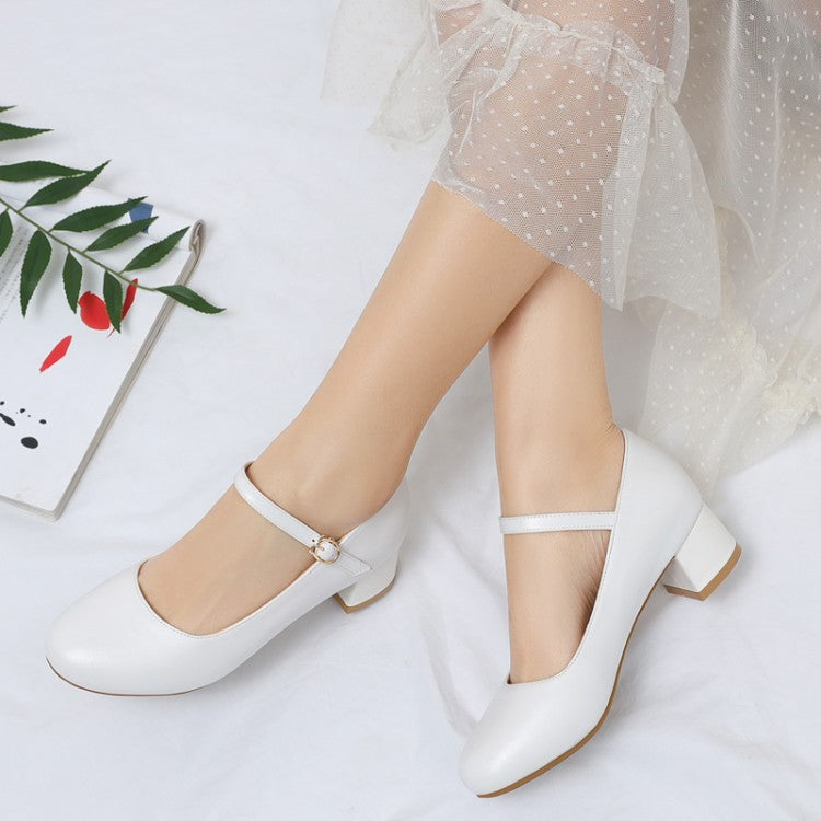 Ladies Pumps Solid Color Round Toe Hollow Out Block Heel Mary Jane