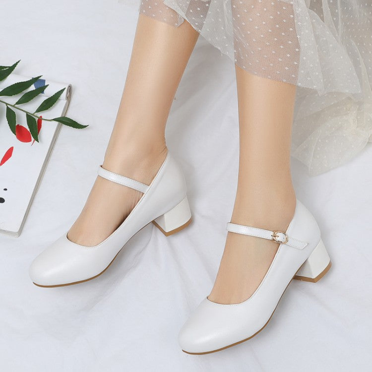Ladies Pumps Solid Color Round Toe Hollow Out Block Heel Mary Jane
