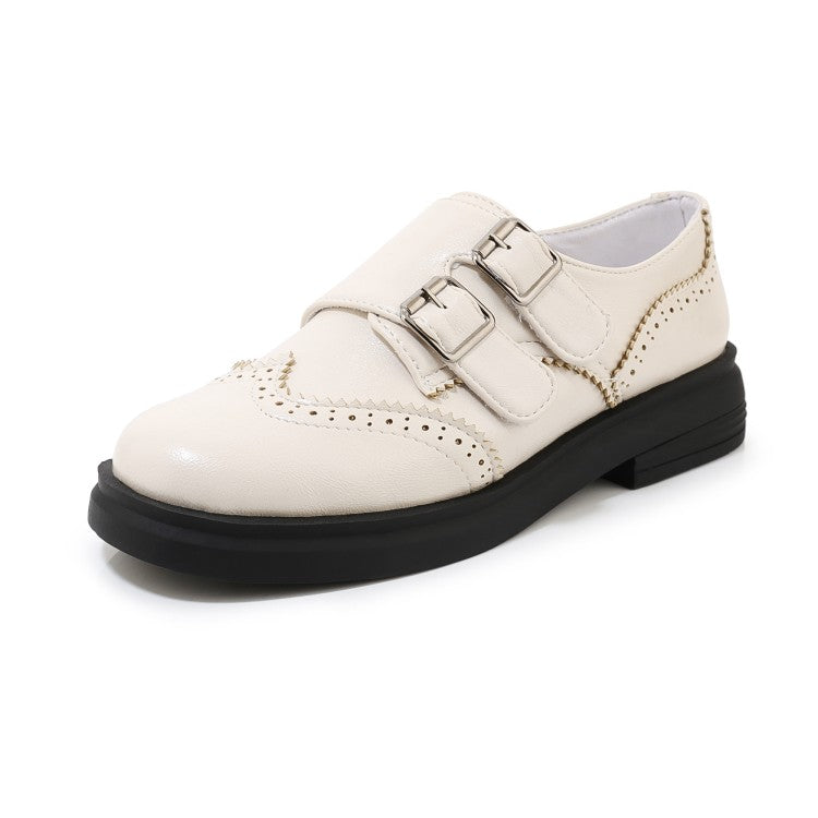 Ladies Solid Color Round Toe Stitching Double Buckle Slip on Oxford Flats Shoes