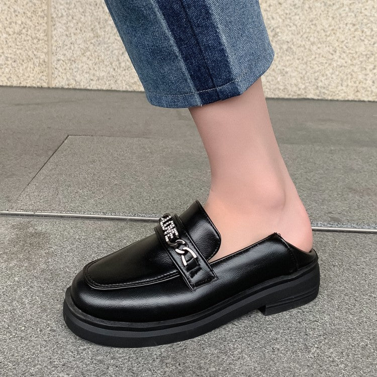 Ladies Solid Color Square Toe Rhinestone Metal Decor Slip on Flats Shoes