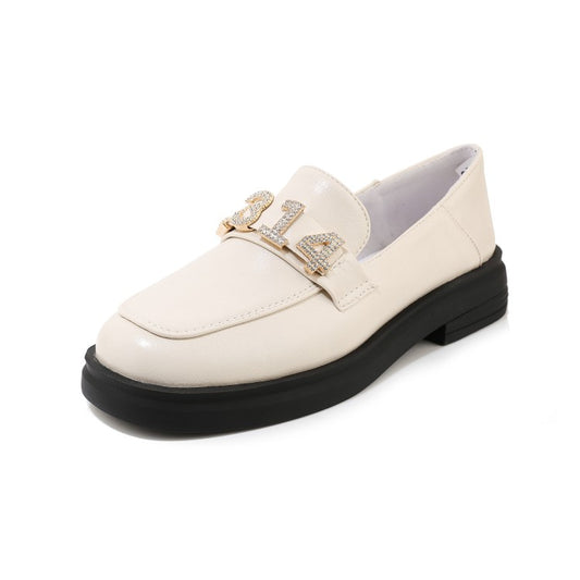 Ladies Solid Color Round Toe Rhinestone Decor Slip on Flats Shoes