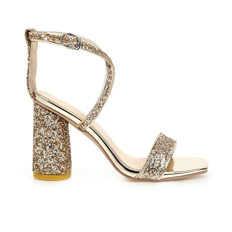 Ladies Bling Bling Sequined Cross Ankle Strap Block Heel Chunky Sandals
