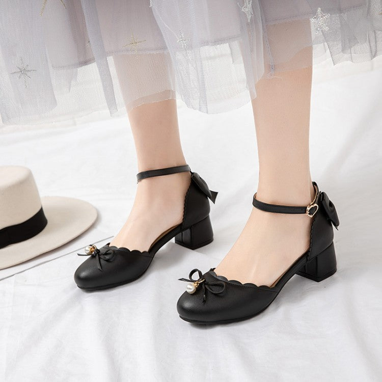 Ladies Solid Color Round Toe Butterfly Knot Pearls Block Heel Sandals