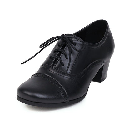 Ladies Round Toe Lace Up Block Heel Oxford Chunky Heels Shoes