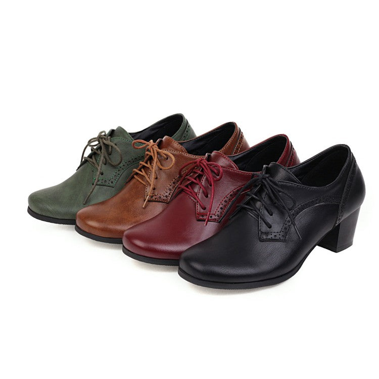 Ladies Pu Leather Square Toe Tied Lace Up Stitching Block Heel Chunky Heels Oxford Shoes