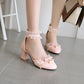 Ladies Lace Butterfly Knot Pearls Ankle Strap Chunky Heel Block Heel Sandals
