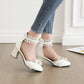 Ladies Lace Butterfly Knot Pearls Ankle Strap Chunky Heel Block Heel Sandals