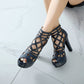 Ladies Solid Color Peep Toe Hollow Out Platform Chunky Heel Sandals
