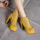 Ladies Solid Color Hollow Out Peep Toe Chunky Heel Platform Sandals