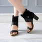 Ladies Solid Color Open Toe Buckle Ankle Wrap Block Heel Sandals