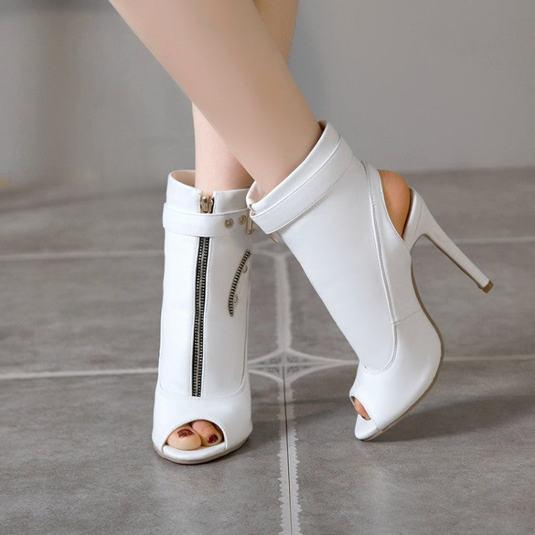 Ladies Solid Color Peep Toe Zipper Buckle Stiletto High Heel Sandals