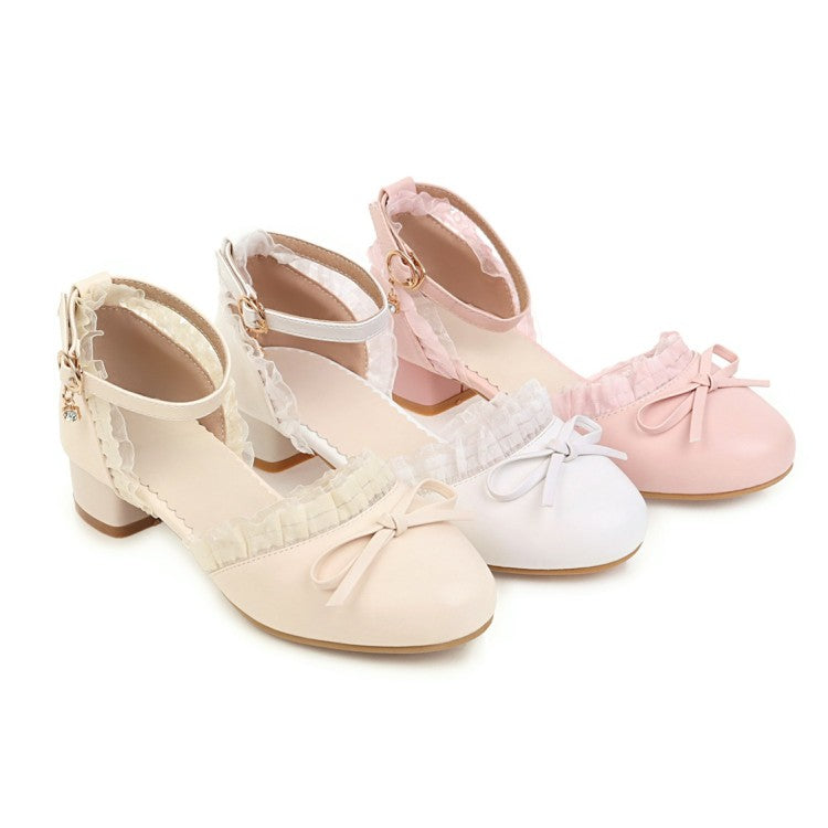Ladies Lolita Round Toe Lace Butterfly Knot Hollow Out Block Heel Low Heels Sandals