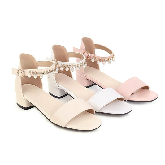 Ladies Solid Color Ankle Strap Pearls Hollow Out Block Heel Low Heels Sandals