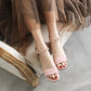 Ladies Solid Color Ankle Strap Pearls Hollow Out Block Heel Low Heels Sandals