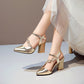 Ladies Glossy Pointed Toe Flora Wrap Strap Chunky Heel Sandals