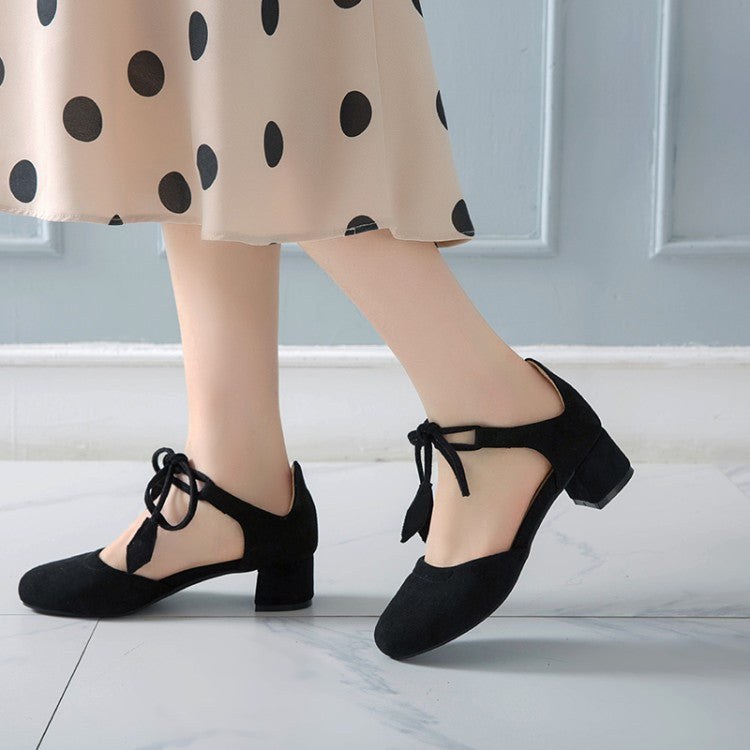 Ladies Solid Color Suede Round Toe Tied Strap Block Heel Sandals