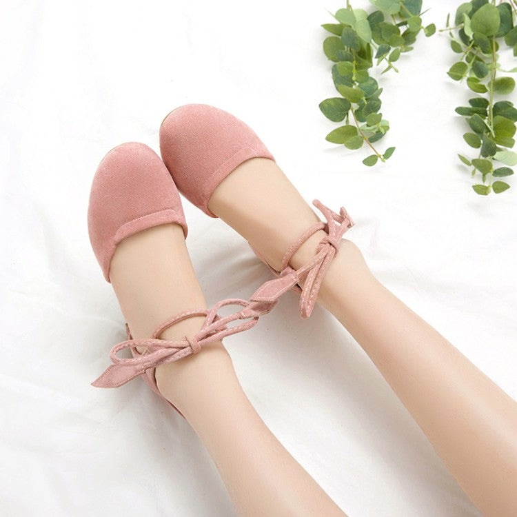 Ladies Solid Color Suede Round Toe Tied Strap Block Heel Sandals