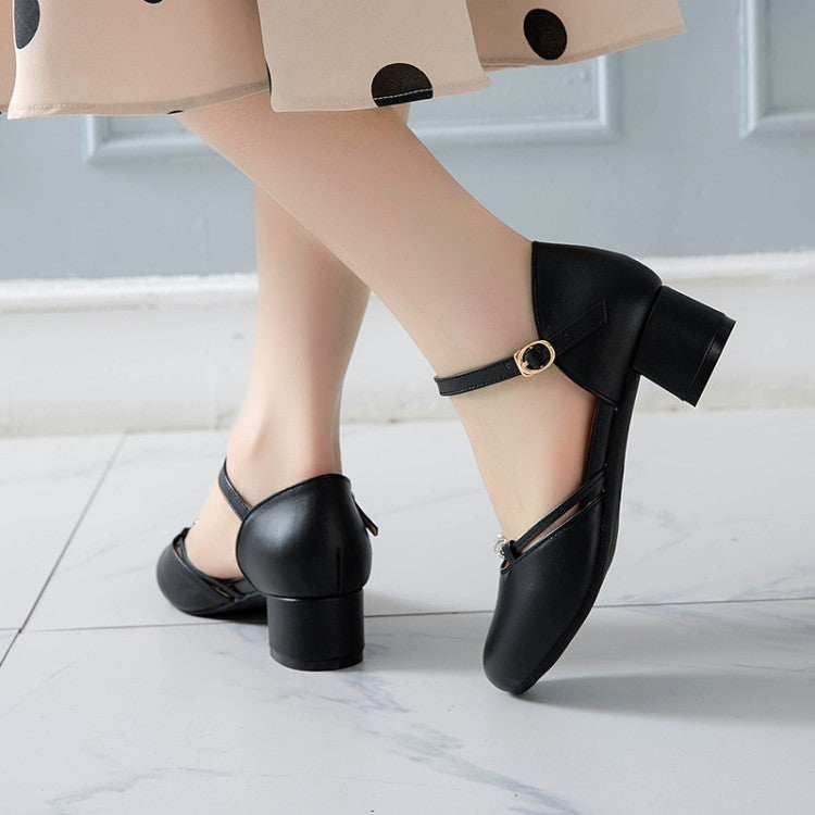 Ladies Solid Color Round Toe Rhinestone Ankle Strap Block Heel Sandals