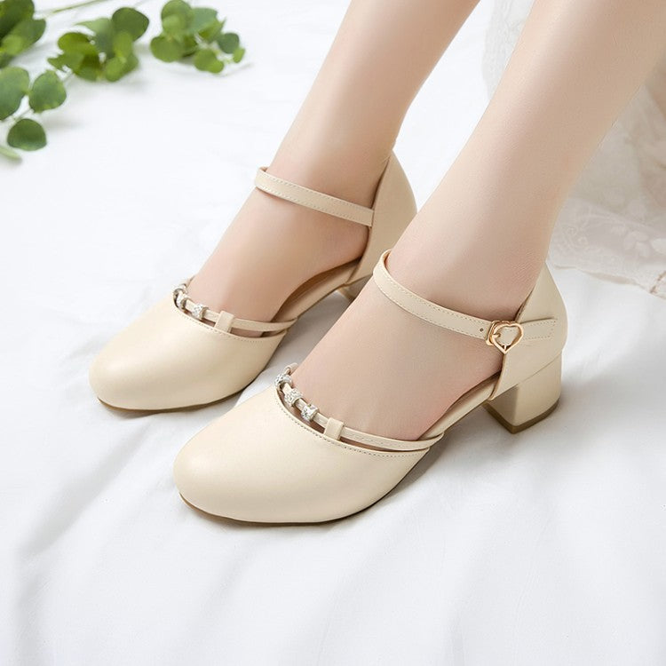 Ladies Solid Color Round Toe Rhinestone Ankle Strap Block Heel Sandals