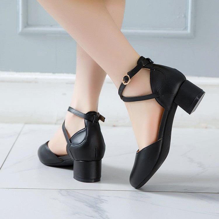 Ladies Solid Color Round Toe Cross Strap Block Heel Sandals