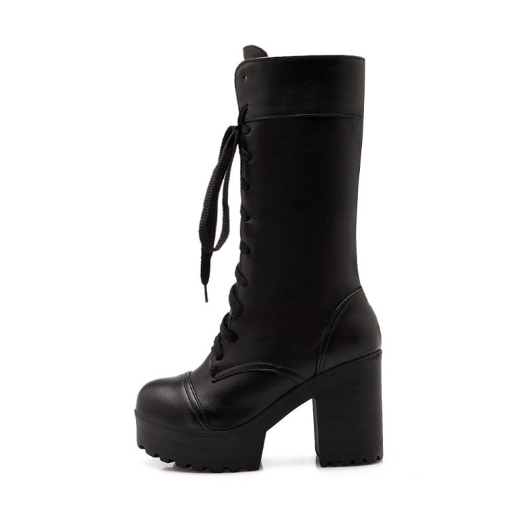 Round Toe Lace Up Block Chunky Heel Platform Mid-Calf Boots for Women