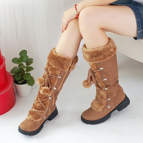Flock Round Toe Lace-Up Furry Ball Side Zippers Block Chunky Heel Platform Mid-Calf Boots for Women