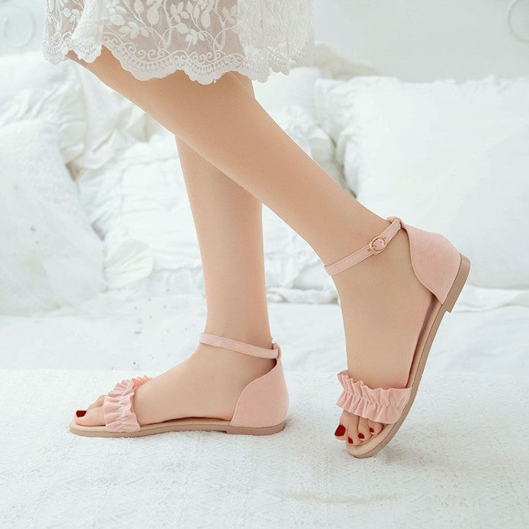 Ladies Solid Color Suede Lacing Ankle Strap Flat Sandals