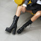 Pu Leather Square Toe Lace Up Buckle Straps Block Chunky Heel Platform Mid-calf Boots for Women