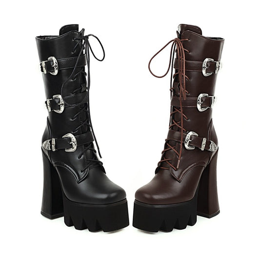 Pu Leather Square Toe Lace Up Buckle Straps Block Chunky Heel Platform Mid-calf Boots for Women