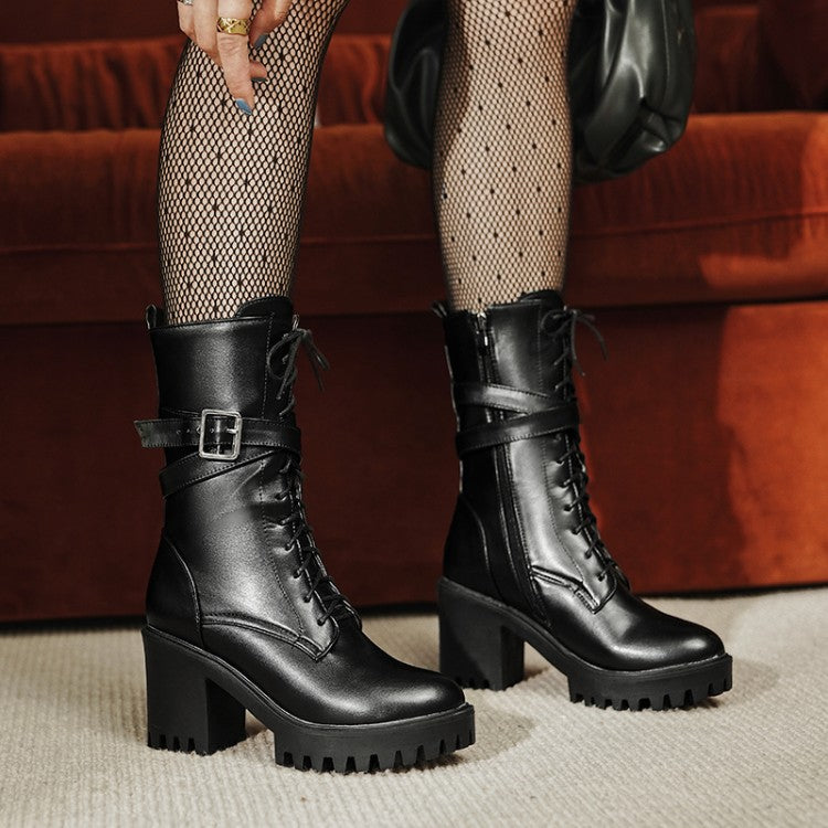 Lace Up Buckle Straps Block Heel Platform Mid Calf Boots for Women