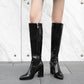 Crocodile Pattern Pu Leather Pointed Toe Side Zippers Block Chunky Heel Knee High Boots for Women