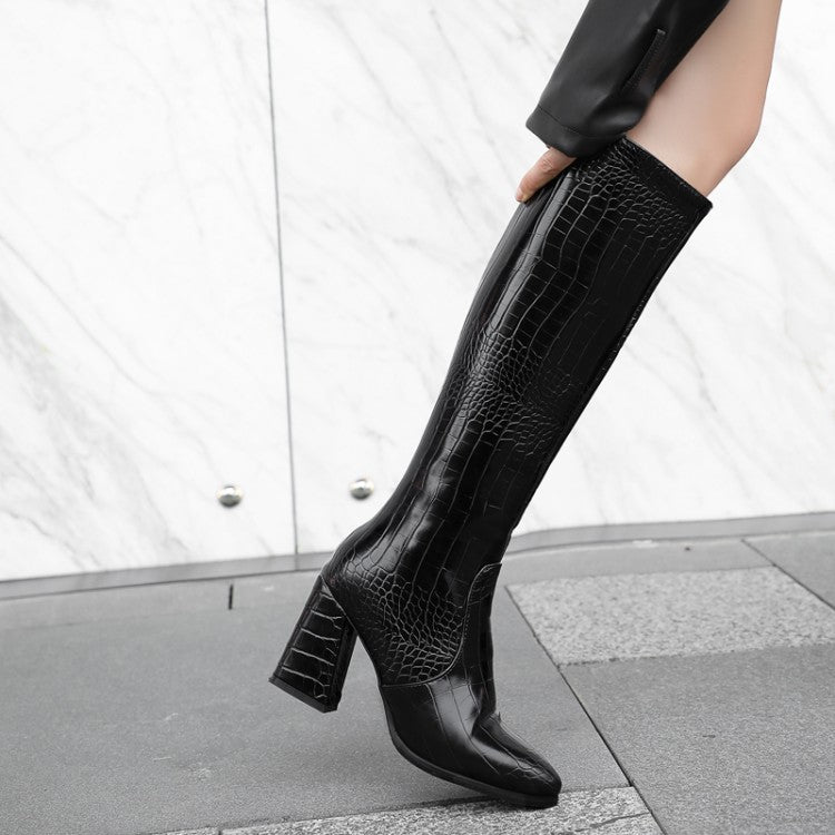 Crocodile Pattern Pu Leather Pointed Toe Side Zippers Block Chunky Heel Knee High Boots for Women