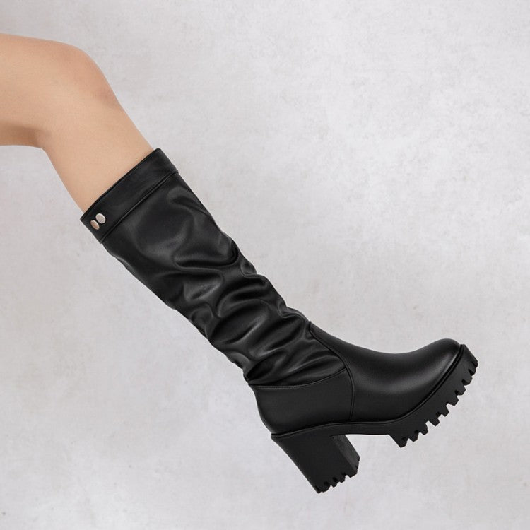 Block Chunky Heel Platform Mid Calf Boots for Women