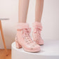 Carved Pu Leather Round Toe Lace Up Bow Tie Block Chunky Heel Platform Ankle Boots for Women
