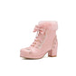 Carved Pu Leather Round Toe Lace Up Bow Tie Block Chunky Heel Platform Ankle Boots for Women