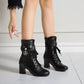 Ladies Pu Leather Lace Up Bowtie Rhinestone Block Heel Ankle Boots