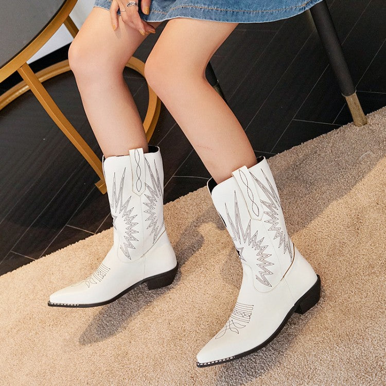 Ladies Embroidery Pointed Toe Low Heels Cowboy Mid Calf Boots