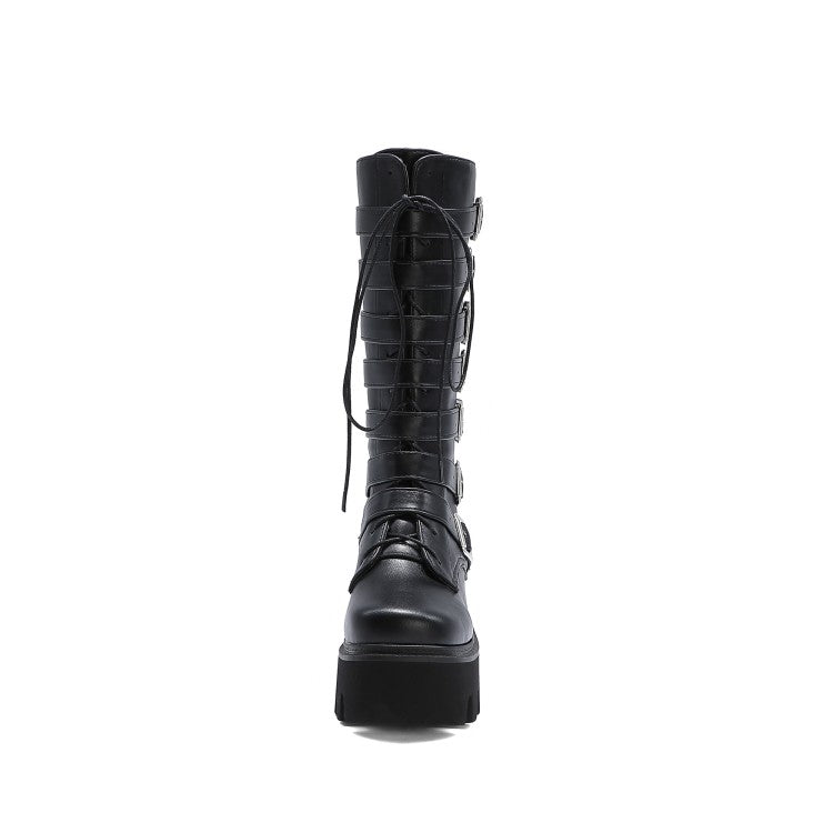 Pu Leather Lace Up Buckle Straps Block Chunky Heel Platform Mid-calf Boots for Women